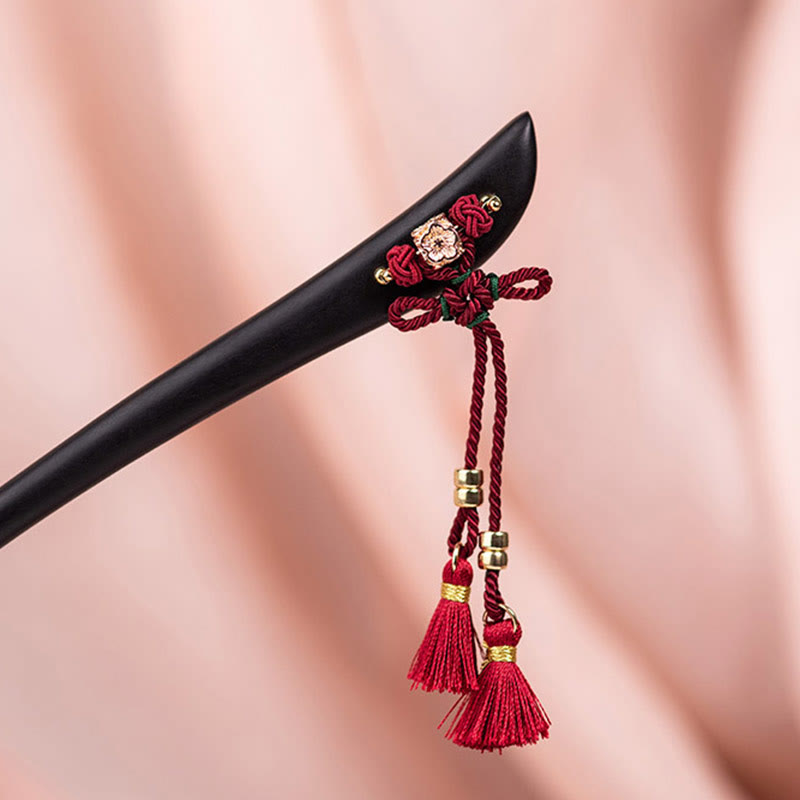 Épingle à cheveux de protection en ébène avec Buddha Stones et corde rouge, nœud chinois