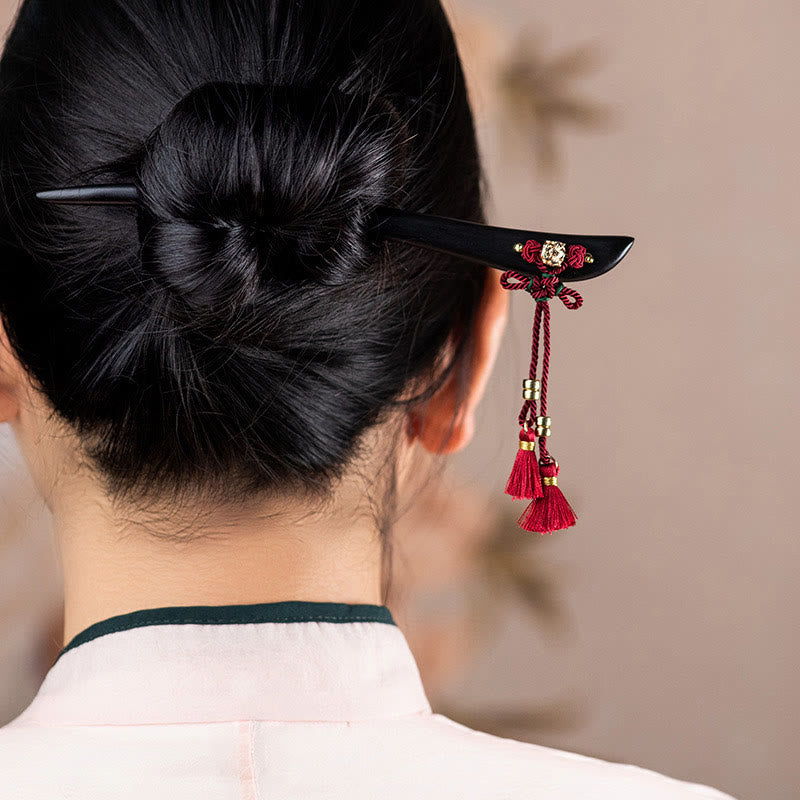 Épingle à cheveux de protection en ébène avec Buddha Stones et corde rouge, nœud chinois