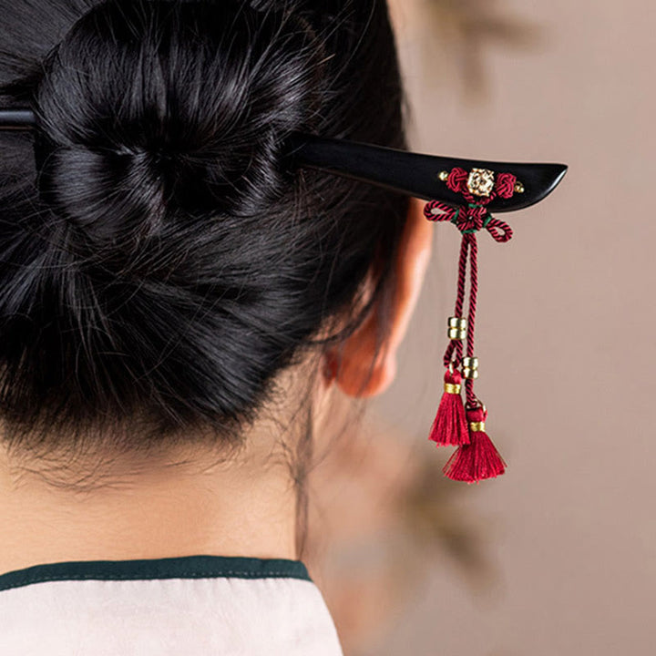 Épingle à cheveux de protection en ébène avec Buddha Stones et corde rouge, nœud chinois