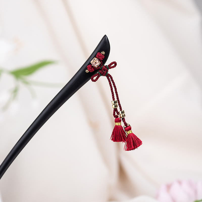 Épingle à cheveux de protection en ébène avec Buddha Stones et corde rouge, nœud chinois