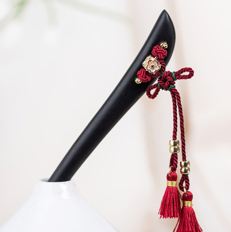 Épingle à cheveux de protection en ébène avec Buddha Stones et corde rouge, nœud chinois