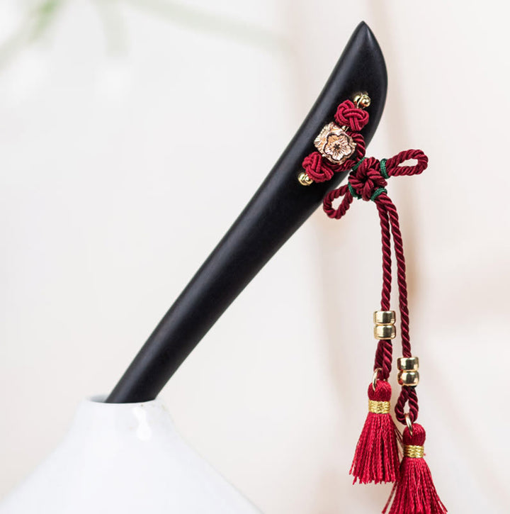 Épingle à cheveux de protection en ébène avec Buddha Stones et corde rouge, nœud chinois
