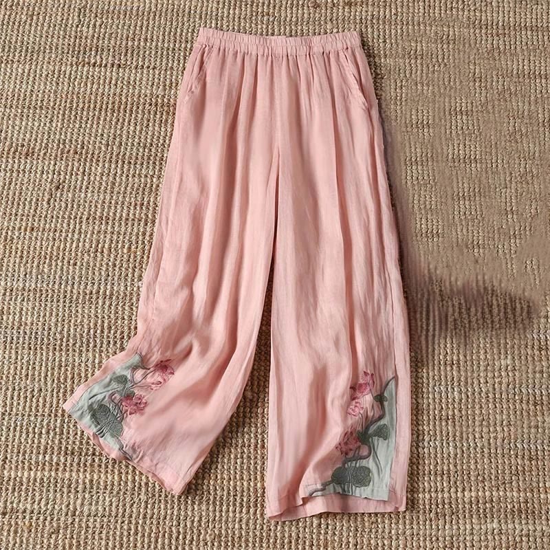 Pantalon large pour femme avec poches, broderie d'été, motif fleur de Buddha Stones et feuille de lotus
