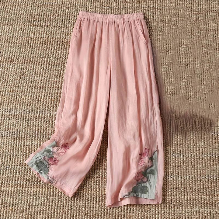 Pantalon large pour femme avec poches, broderie d'été, motif fleur de Buddha Stones et feuille de lotus