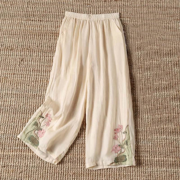 Pantalon large pour femme avec poches, broderie d'été, motif fleur de Buddha Stones et feuille de lotus