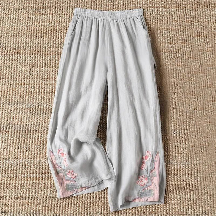 Pantalon large pour femme avec poches, broderie d'été, motif fleur de Buddha Stones et feuille de lotus