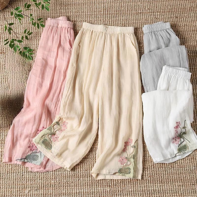 Pantalon large pour femme avec poches, broderie d'été, motif fleur de Buddha Stones et feuille de lotus
