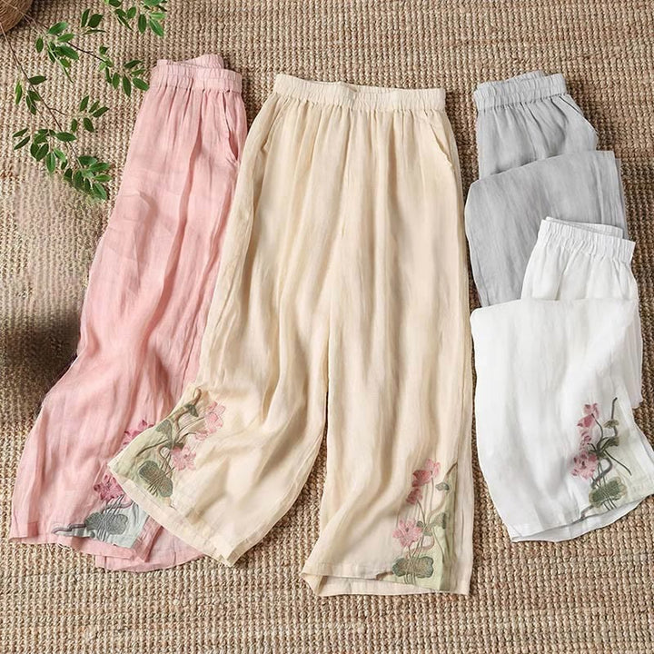 Pantalon large pour femme avec poches, broderie d'été, motif fleur de Buddha Stones et feuille de lotus