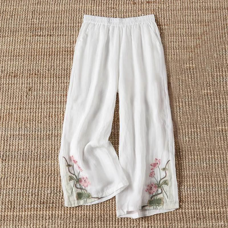 Pantalon large pour femme avec poches, broderie d'été, motif fleur de Buddha Stones et feuille de lotus