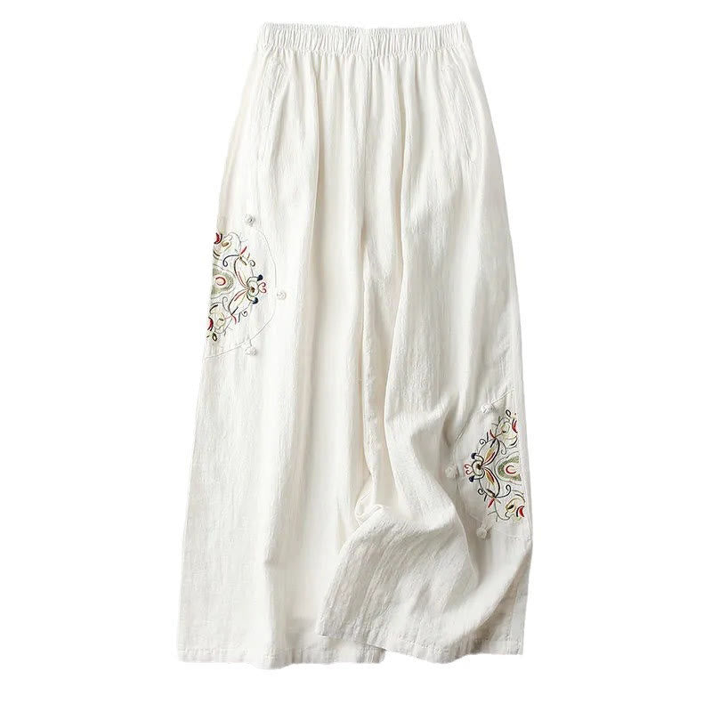 Pantalon large en coton et lin avec poches pour femme, broderie ethnique, Buddha Stones , printemps