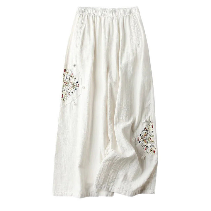 Pantalon large en coton et lin avec poches pour femme, broderie ethnique, Buddha Stones , printemps