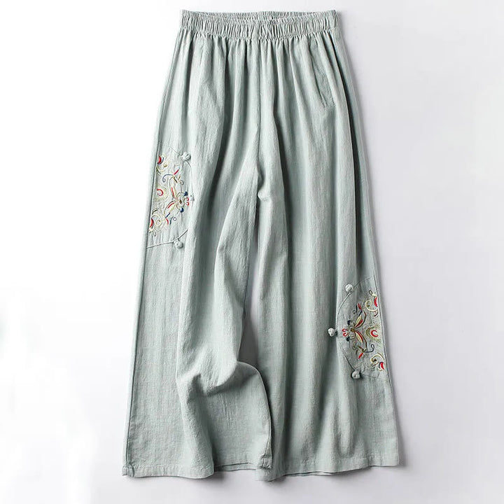 Pantalon large en coton et lin avec poches pour femme, broderie ethnique, Buddha Stones , printemps