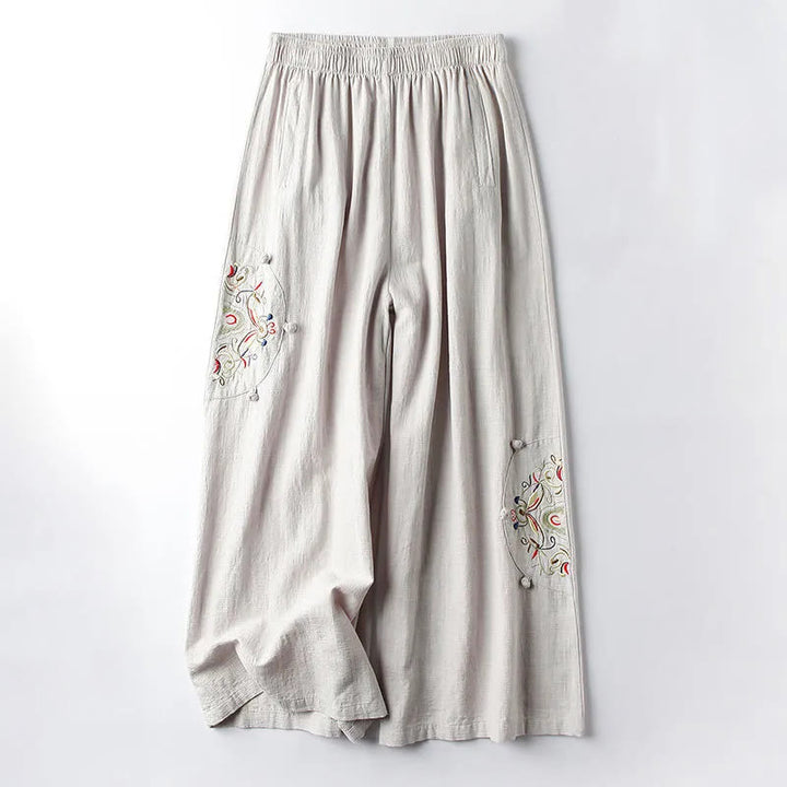 Pantalon large en coton et lin avec poches pour femme, broderie ethnique, Buddha Stones , printemps