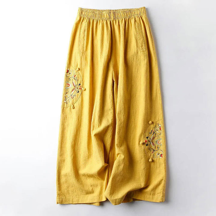 Pantalon large en coton et lin avec poches pour femme, broderie ethnique, Buddha Stones , printemps