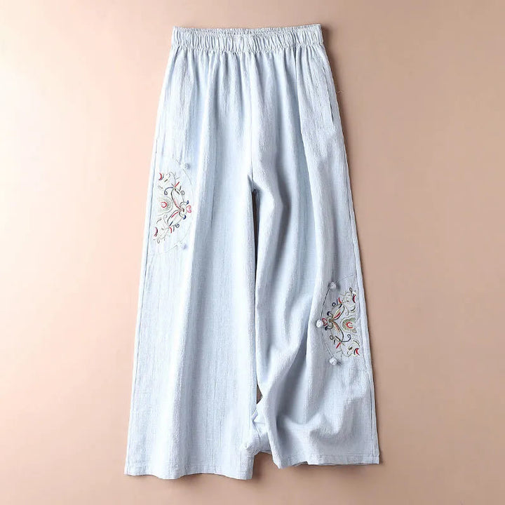 Pantalon large en coton et lin avec poches pour femme, broderie ethnique, Buddha Stones , printemps