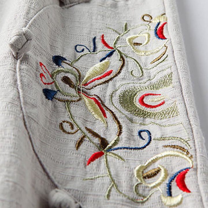 Pantalon large en coton et lin avec poches pour femme, broderie ethnique, Buddha Stones , printemps