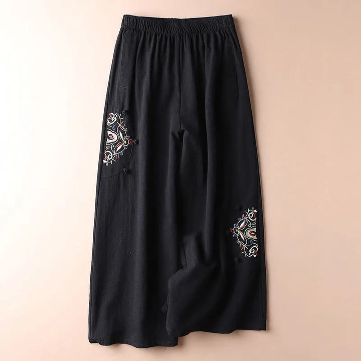 Pantalon large en coton et lin avec poches pour femme, broderie ethnique, Buddha Stones , printemps