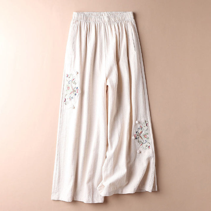 Pantalon large en coton et lin avec poches pour femme, broderie ethnique, Buddha Stones , printemps