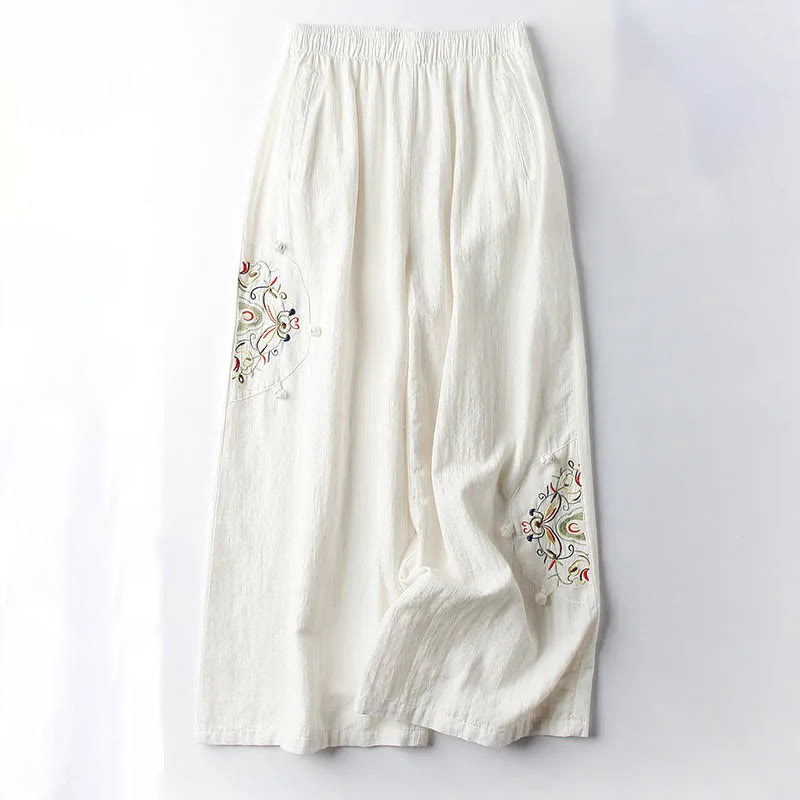 Pantalon large en coton et lin avec poches pour femme, broderie ethnique, Buddha Stones , printemps