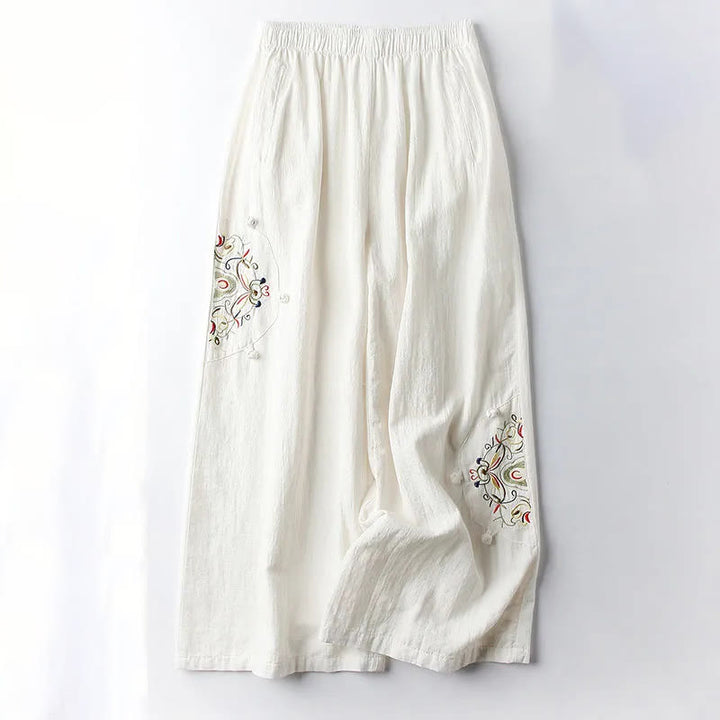 Pantalon large en coton et lin avec poches pour femme, broderie ethnique, Buddha Stones , printemps