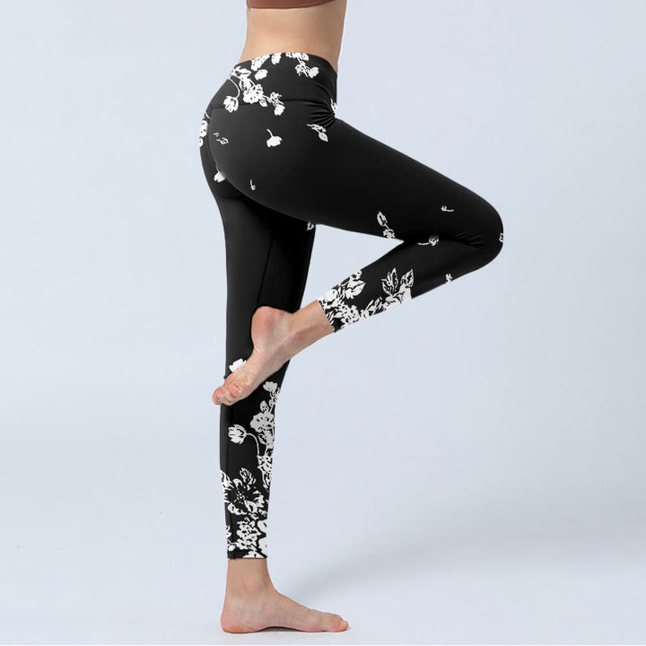 Leggings de sport à imprimé pétales dispersés noirs Buddha Stones pour femme, pantalon de yoga - image 4