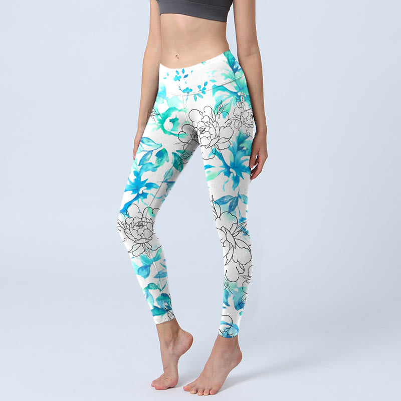 Leggings de sport pour femme, motif de pivoines aquarelles bleues et bleues, imprimés de Buddha Stones , pantalons de yoga - AliceBlue - US18，UK/AU22，EU50 (4XL) - image 0
