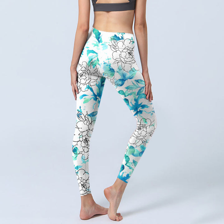 Leggings de sport pour femme, motif de pivoines aquarelles bleues et bleues, imprimés de Buddha Stones , pantalons de yoga - image 4