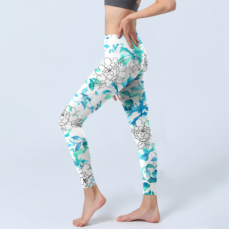 Leggings de sport pour femme, motif de pivoines aquarelles bleues et bleues, imprimés de Buddha Stones , pantalons de yoga - image 3