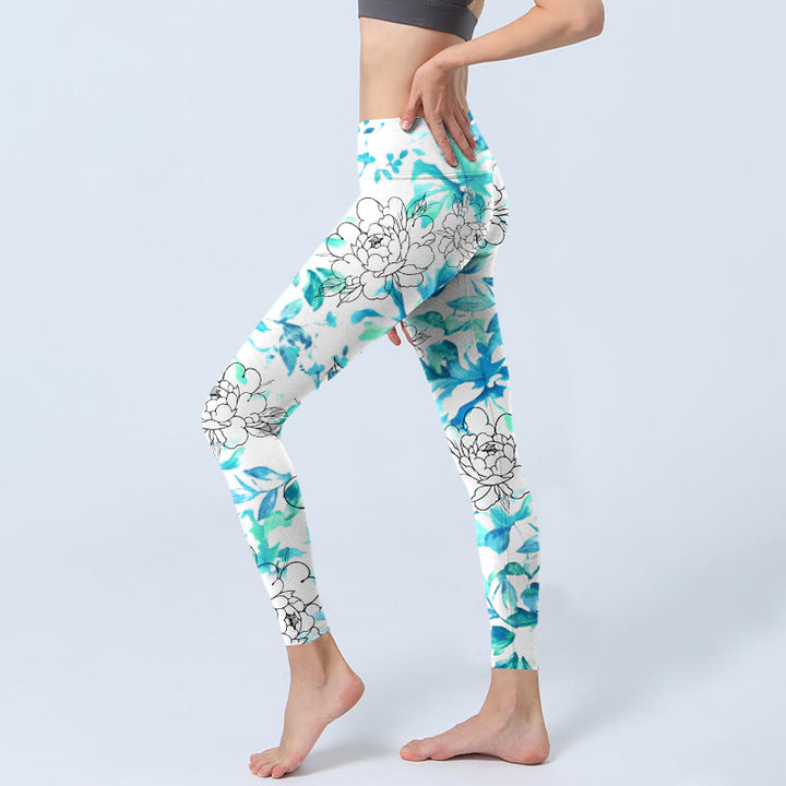 Leggings de sport pour femme, motif de pivoines aquarelles bleues et bleues, imprimés de Buddha Stones , pantalons de yoga - image 3