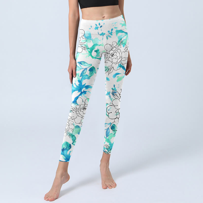Leggings de sport pour femme, motif de pivoines aquarelles bleues et bleues, imprimés de Buddha Stones , pantalons de yoga - image 6