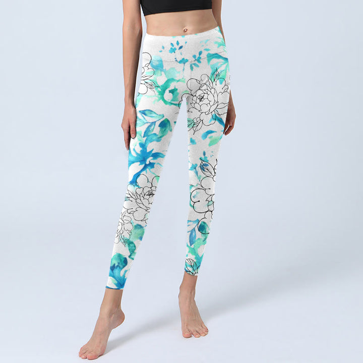 Leggings de sport pour femme, motif de pivoines aquarelles bleues et bleues, imprimés de Buddha Stones , pantalons de yoga - image 6