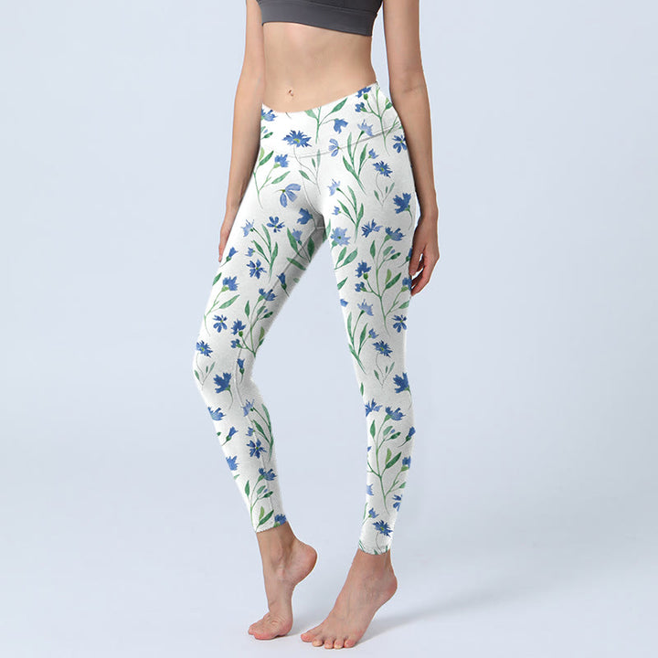Leggings de sport à imprimé Buddha Stones , fleurs blanches et feuilles, pantalons de yoga pour femmes - AliceBlue - US18，UK/AU22，EU50 (4XL) - image 0