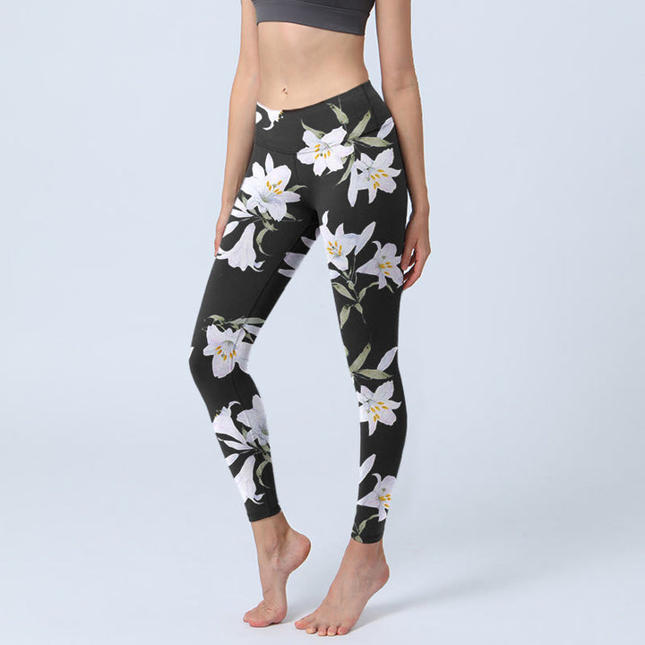 Leggings de sport à imprimé feuilles de lys noir Buddha Stones pour femme, pantalon de yoga - Noir - US18，UK/AU22，EU50 (4XL) - image 1
