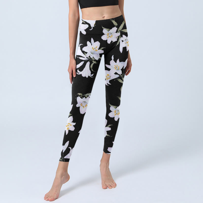 Leggings de sport à imprimé feuilles de lys noir Buddha Stones pour femme, pantalon de yoga - image 6