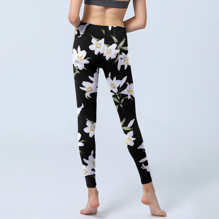 Leggings de sport à imprimé feuilles de lys noir Buddha Stones pour femme, pantalon de yoga - image 7