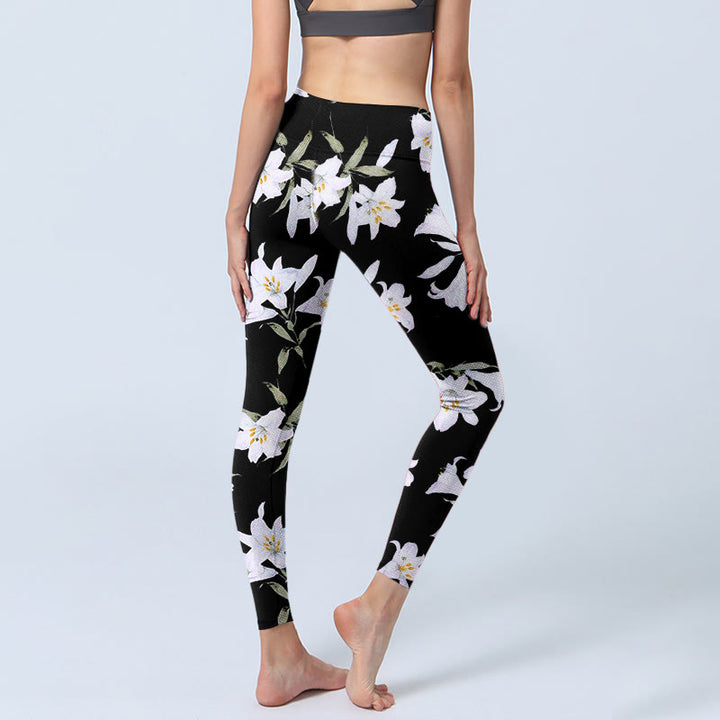Leggings de sport à imprimé feuilles de lys noir Buddha Stones pour femme, pantalon de yoga - image 5