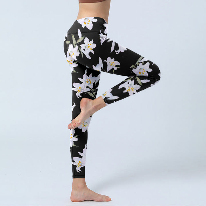Leggings de sport à imprimé feuilles de lys noir Buddha Stones pour femme, pantalon de yoga - image 4