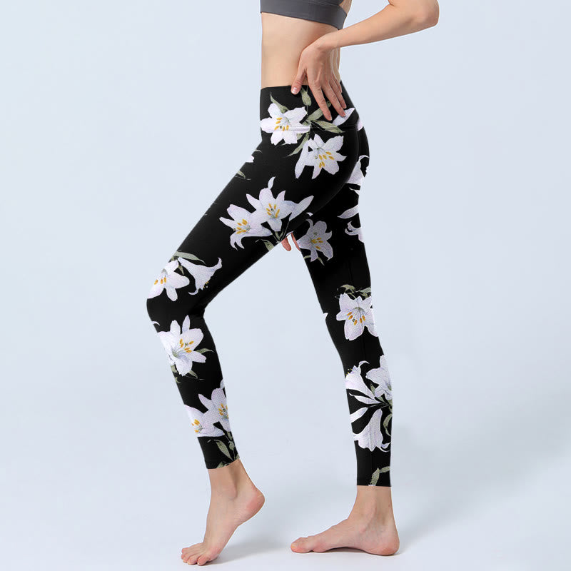 Leggings de sport à imprimé feuilles de lys noir Buddha Stones pour femme, pantalon de yoga - image 3
