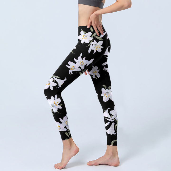 Leggings de sport à imprimé feuilles de lys noir Buddha Stones pour femme, pantalon de yoga - image 3