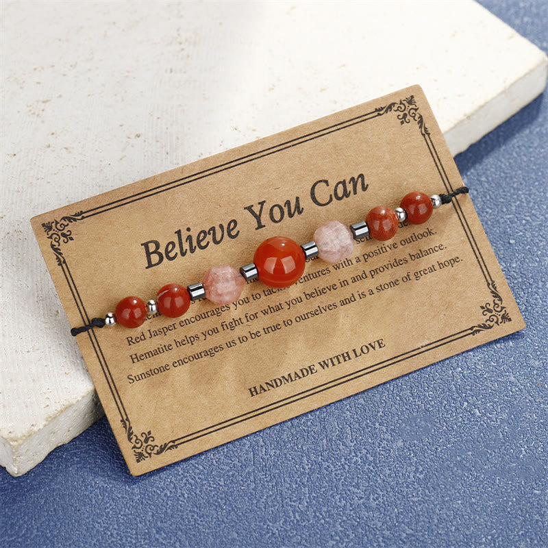 Buddha Stones Croyez que vous pouvez Bracelet positif en cornaline, jaspe rouge, hématite et pierre de soleil