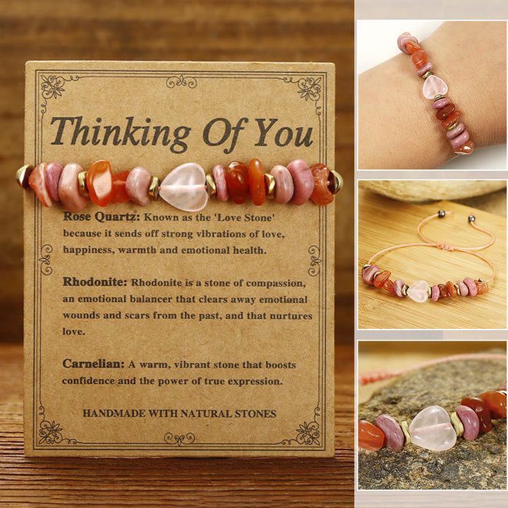 Bracelet de relations en quartz rose, rhodonite et cornaline de Buddha Stones Stones Thinking Of You
