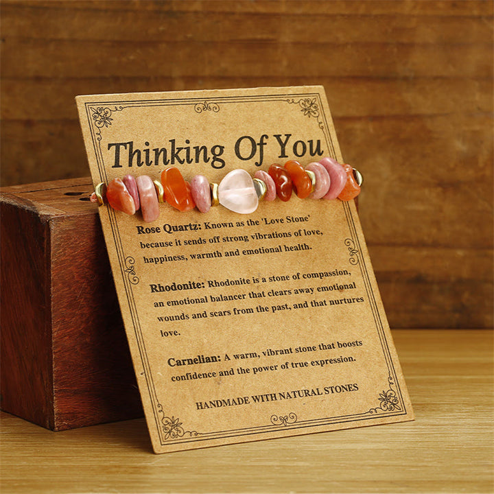 Bracelet de relations en quartz rose, rhodonite et cornaline de Buddha Stones Stones Thinking Of You