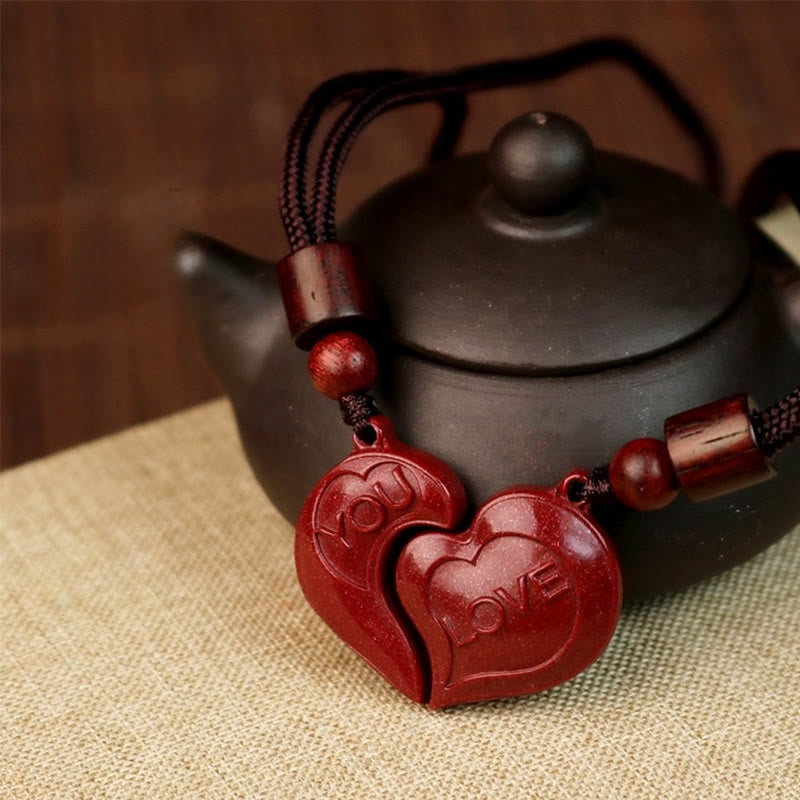 Collier pendentif en forme de cœur en cinabre naturel avec Buddha Stones, 2 pièces, LOVE YOU, bénédiction, couple