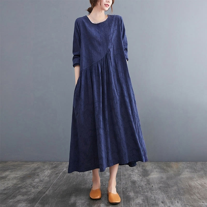 Robe mi-longue en coton et lin à manches longues et poches pour femme, motif jacquard simple Buddha Stones - Bleu acier - US8-10，UK/AU12-14，EU40-42 (2XL) - image 20