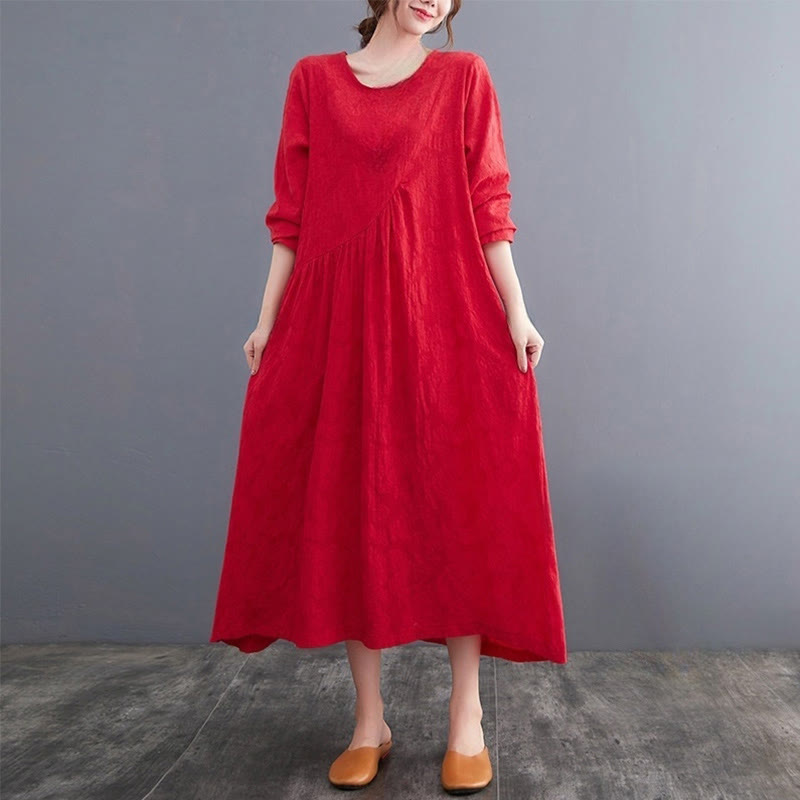 Robe mi-longue en coton et lin à manches longues et poches pour femme, motif jacquard simple Buddha Stones - Rouge - US8-10，UK/AU12-14，EU40-42 (2XL) - image 8