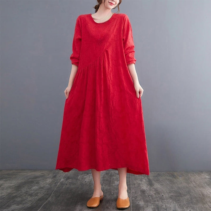 Robe mi-longue en coton et lin à manches longues et poches pour femme, motif jacquard simple Buddha Stones - Rouge - US8-10，UK/AU12-14，EU40-42 (2XL) - image 8