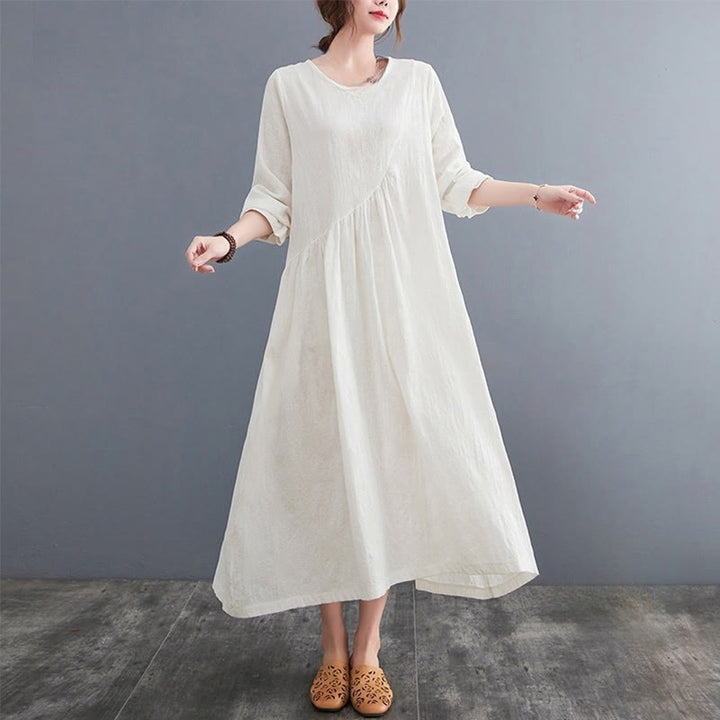 Robe mi-longue en coton et lin à manches longues et poches pour femme, motif jacquard simple Buddha Stones - Blanc - US8-10，UK/AU12-14，EU40-42 (2XL) - image 0