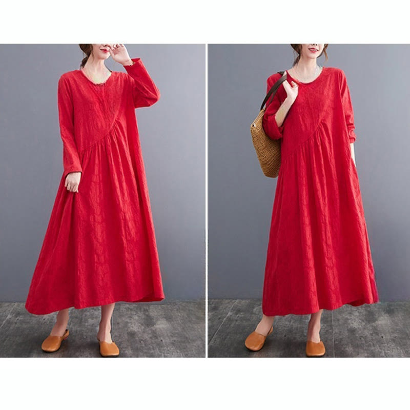 Robe mi-longue en coton et lin à manches longues et poches pour femme, motif jacquard simple Buddha Stones - image 16