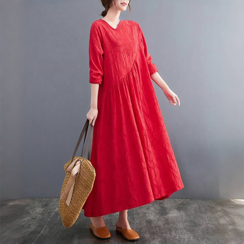 Robe mi-longue en coton et lin à manches longues et poches pour femme, motif jacquard simple Buddha Stones - image 9