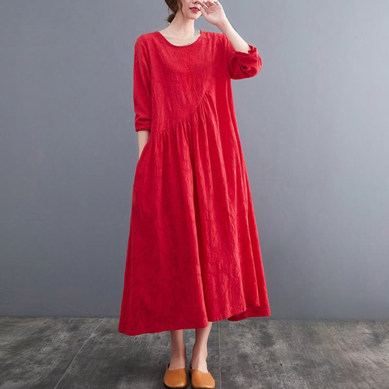 Robe mi-longue en coton et lin à manches longues et poches pour femme, motif jacquard simple Buddha Stones - image 11